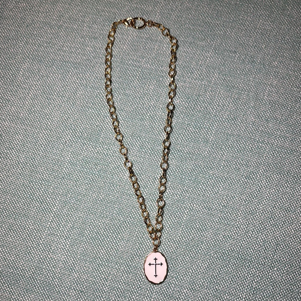 Gold Chain Necklace with White and Black Cross Pendant